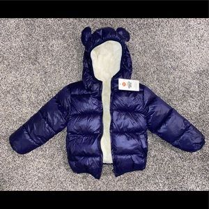 Winter jacket from Amazon. Navy blue with white fleece. Size: 9-12 months
